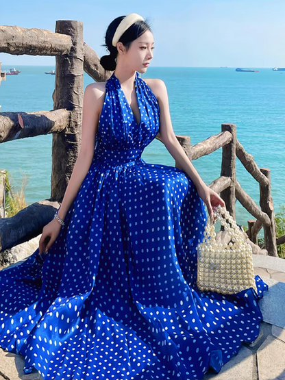 Charming Polka Dot Coastal Vacays Backless Maxi Dress Flowy Versatile Blue Waist-Cinched Halter Long Dress AP1461