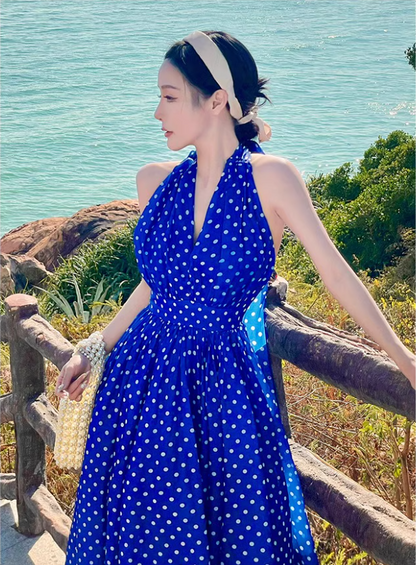 Charming Polka Dot Coastal Vacays Backless Maxi Dress Flowy Versatile Blue Waist-Cinched Halter Long Dress AP1461