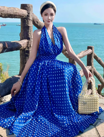 Charming Polka Dot Coastal Vacays Backless Maxi Dress Flowy Versatile Blue Waist-Cinched Halter Long Dress AP1461