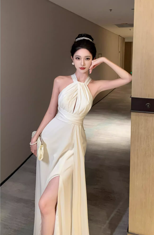 Graceful Coastal Vacays Hollow-Out High-Slit Maxi Dress Flowy Chic Crisscross Waist-Cinched Halter Long Dress AP1462