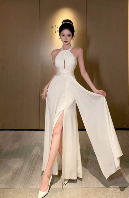 Graceful Coastal Vacays Hollow-Out High-Slit Maxi Dress Flowy Chic Crisscross Waist-Cinched Halter Long Dress AP1462