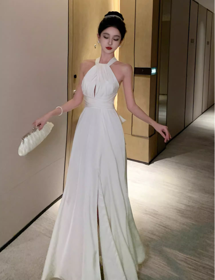 Graceful Coastal Vacays Hollow-Out High-Slit Maxi Dress Flowy Chic Crisscross Waist-Cinched Halter Long Dress AP1462