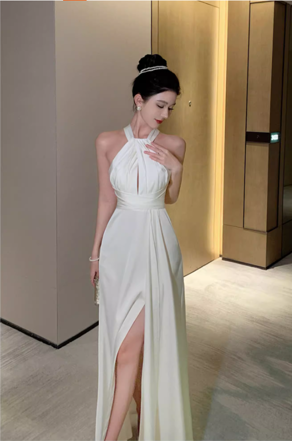 Graceful Coastal Vacays Hollow-Out High-Slit Maxi Dress Flowy Chic Crisscross Waist-Cinched Halter Long Dress AP1462