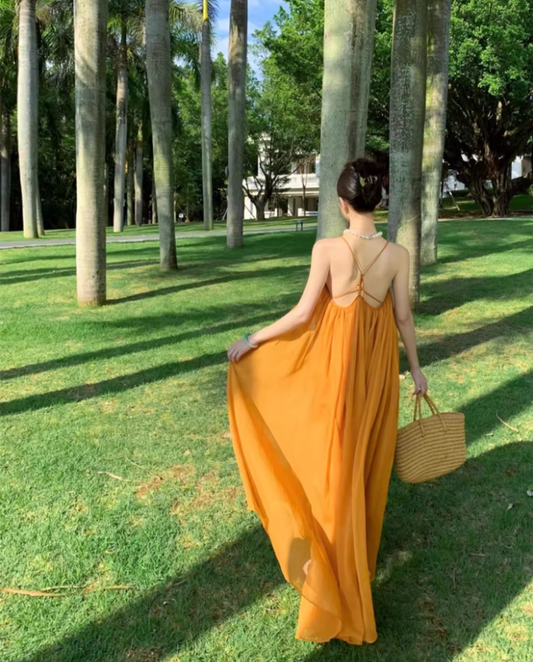 Ethereal Cross-Back Coastal Vacays Flowy Maxi Dress Chic Yellow Outdoor Trips Swing Hem Halter Long Dress AP1463