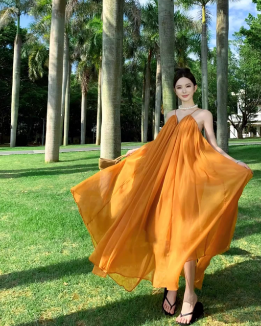 Ethereal Cross-Back Coastal Vacays Flowy Maxi Dress Chic Yellow Outdoor Trips Swing Hem Halter Long Dress AP1463