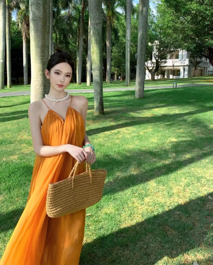 Ethereal Cross-Back Coastal Vacays Flowy Maxi Dress Chic Yellow Outdoor Trips Swing Hem Halter Long Dress AP1463