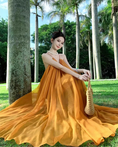 Ethereal Cross-Back Coastal Vacays Flowy Maxi Dress Chic Yellow Outdoor Trips Swing Hem Halter Long Dress AP1463