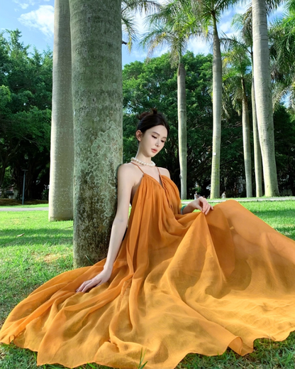 Ethereal Cross-Back Coastal Vacays Flowy Maxi Dress Chic Yellow Outdoor Trips Swing Hem Halter Long Dress AP1463