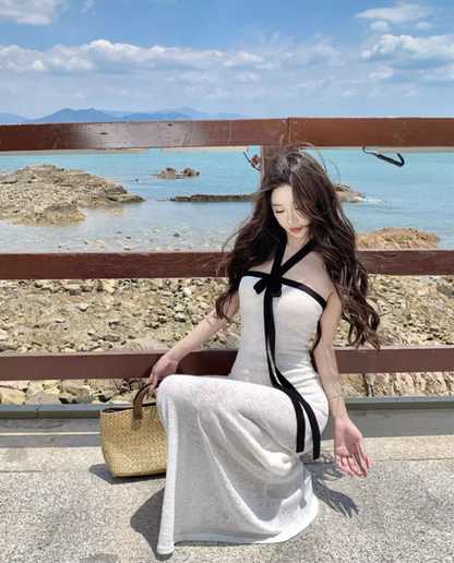 Vintage Backless Coastal Vacays White Sheath Maxi Dress Chic Ribbon Tie Black Trimmed Halter Long Dress AP1464