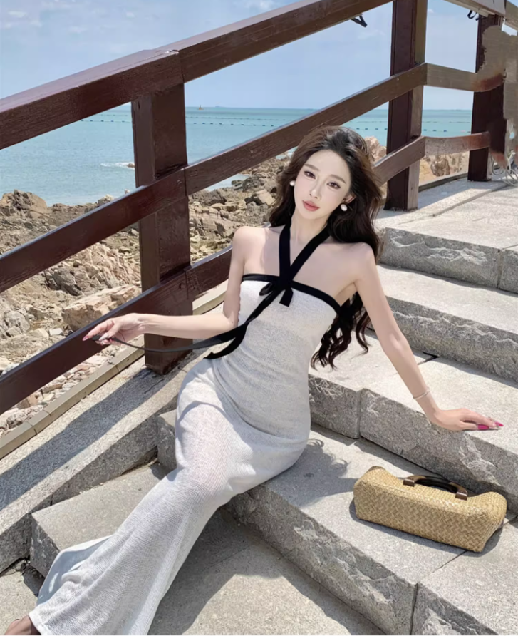 Vintage Backless Coastal Vacays White Sheath Maxi Dress Chic Ribbon Tie Black Trimmed Halter Long Dress AP1464