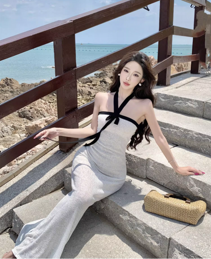 Vintage Backless Coastal Vacays White Sheath Maxi Dress Chic Ribbon Tie Black Trimmed Halter Long Dress AP1464
