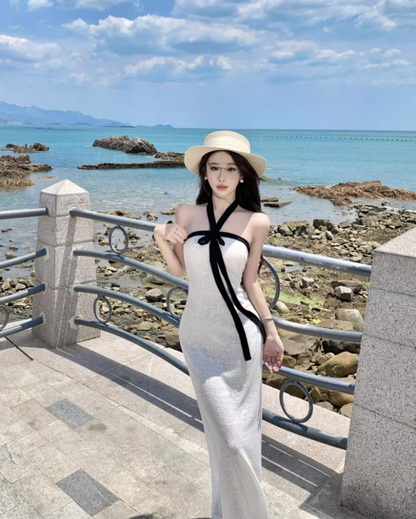 Vintage Backless Coastal Vacays White Sheath Maxi Dress Chic Ribbon Tie Black Trimmed Halter Long Dress AP1464