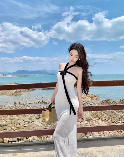 Vintage Backless Coastal Vacays White Sheath Maxi Dress Chic Ribbon Tie Black Trimmed Halter Long Dress AP1464