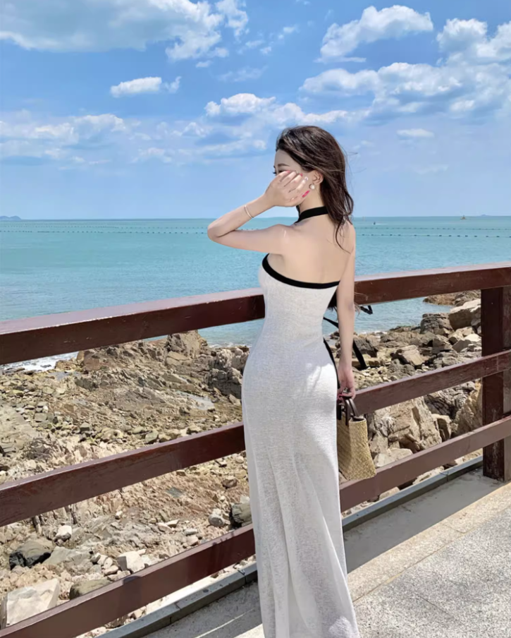 Vintage Backless Coastal Vacays White Sheath Maxi Dress Chic Ribbon Tie Black Trimmed Halter Long Dress AP1464