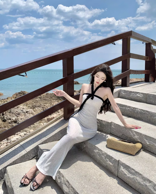 Vintage Backless Coastal Vacays White Sheath Maxi Dress Chic Ribbon Tie Black Trimmed Halter Long Dress AP1464