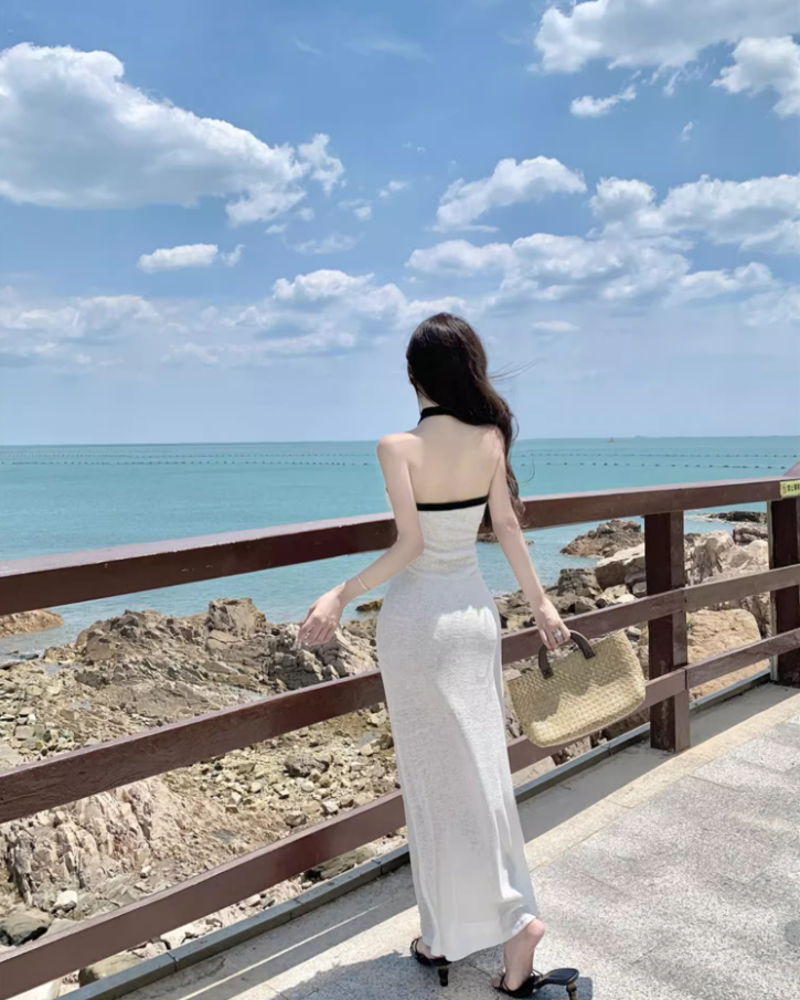 Vintage Backless Coastal Vacays White Sheath Maxi Dress Chic Ribbon Tie Black Trimmed Halter Long Dress AP1464