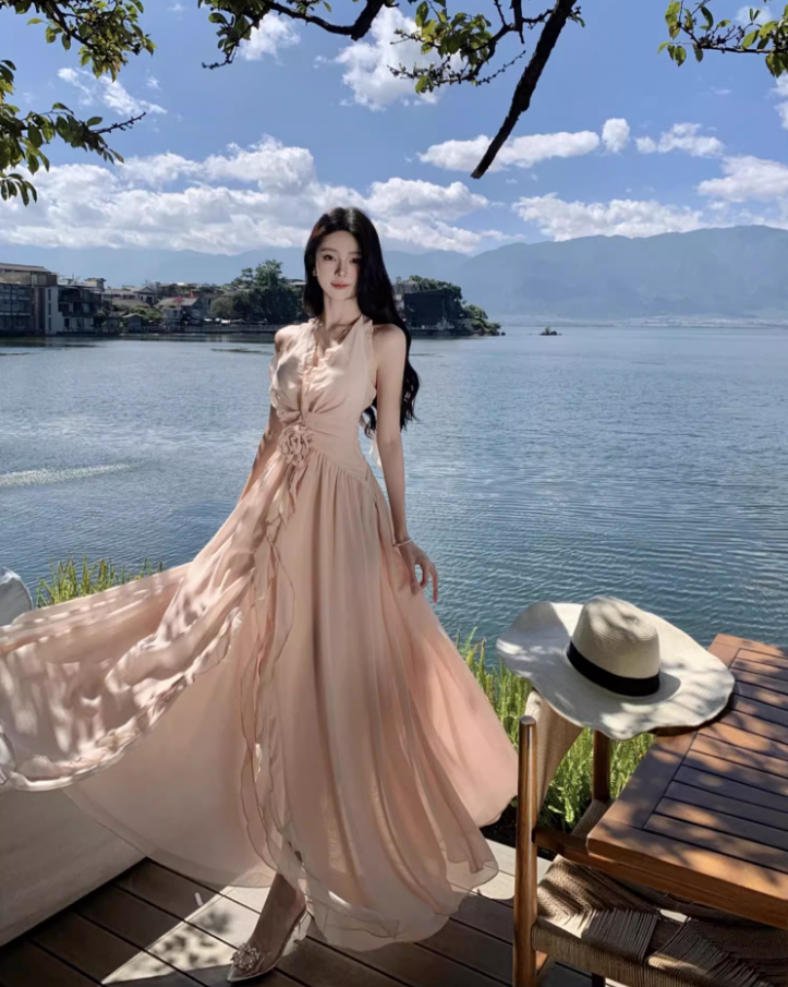 Charming Coastal Vacays Blush Pink Chiffon Maxi Dress Ethereal Ruched Waist High-Slit Halter Long Dress AP1465