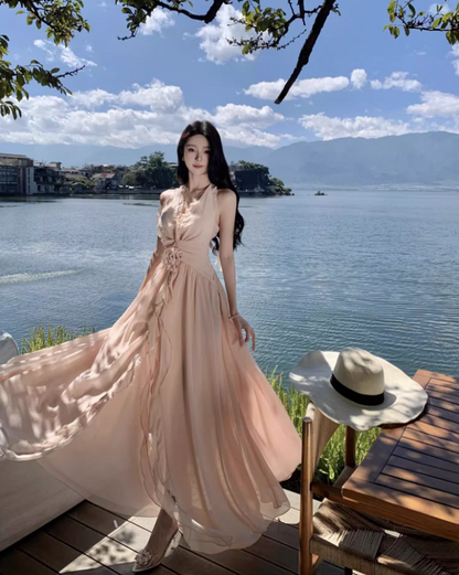 Charming Coastal Vacays Blush Pink Chiffon Maxi Dress Ethereal Ruched Waist High-Slit Halter Long Dress AP1465
