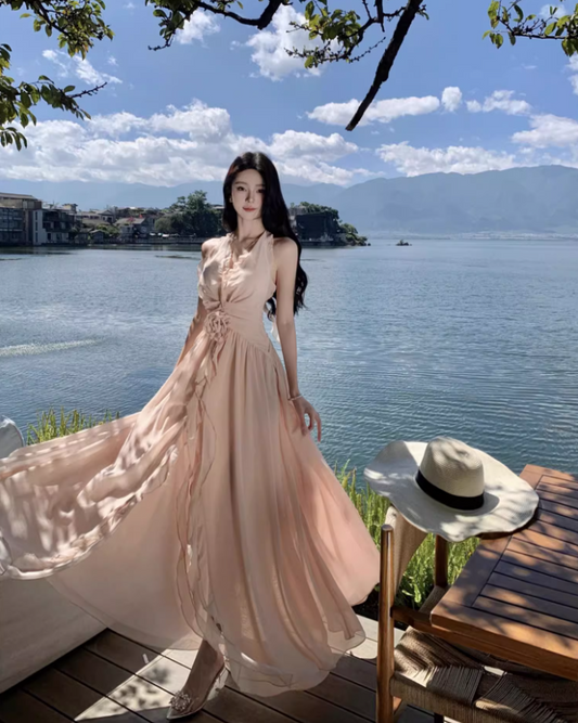 Charming Coastal Vacays Blush Pink Chiffon Maxi Dress Ethereal Ruched Waist High-Slit Halter Long Dress AP1465