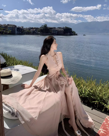 Charming Coastal Vacays Blush Pink Chiffon Maxi Dress Ethereal Ruched Waist High-Slit Halter Long Dress AP1465