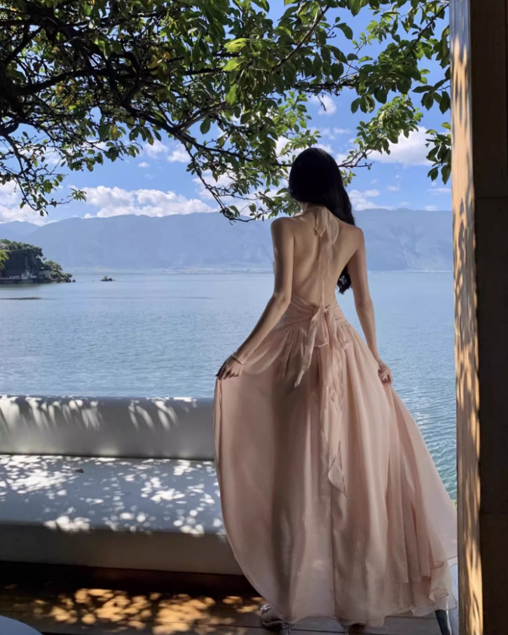 Charming Coastal Vacays Blush Pink Chiffon Maxi Dress Ethereal Ruched Waist High-Slit Halter Long Dress AP1465