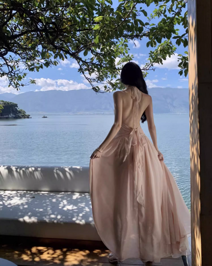 Charming Coastal Vacays Blush Pink Chiffon Maxi Dress Ethereal Ruched Waist High-Slit Halter Long Dress AP1465