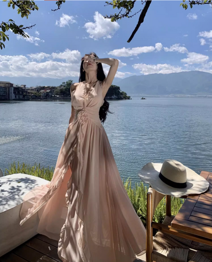 Charming Coastal Vacays Blush Pink Chiffon Maxi Dress Ethereal Ruched Waist High-Slit Halter Long Dress AP1465