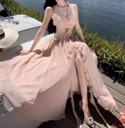 Charming Coastal Vacays Blush Pink Chiffon Maxi Dress Ethereal Ruched Waist High-Slit Halter Long Dress AP1465