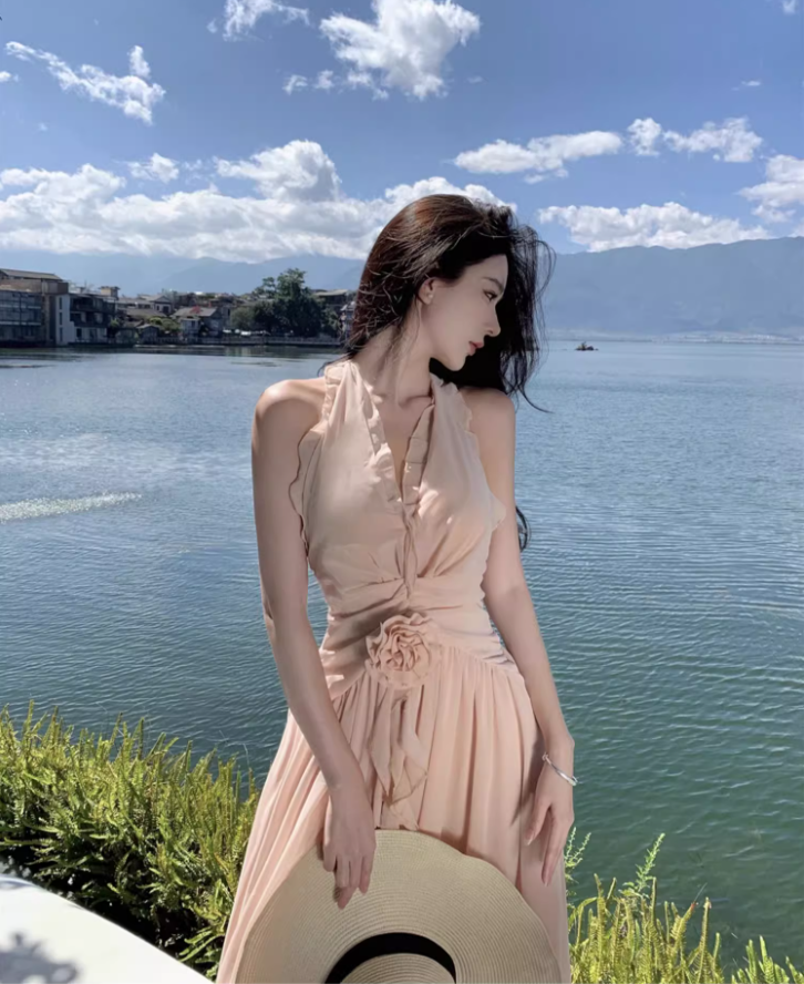 Charming Coastal Vacays Blush Pink Chiffon Maxi Dress Ethereal Ruched Waist High-Slit Halter Long Dress AP1465