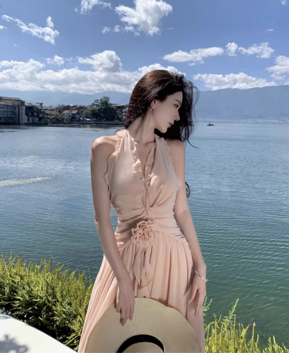 Charming Coastal Vacays Blush Pink Chiffon Maxi Dress Ethereal Ruched Waist High-Slit Halter Long Dress AP1465