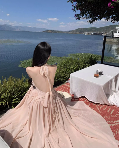 Charming Coastal Vacays Blush Pink Chiffon Maxi Dress Ethereal Ruched Waist High-Slit Halter Long Dress AP1465