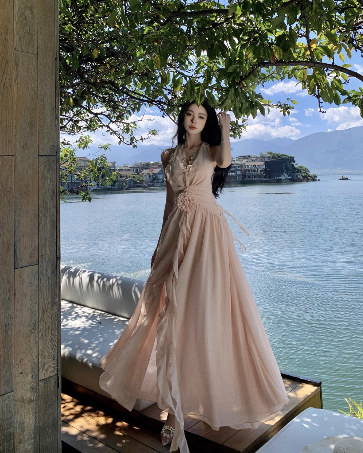 Charming Coastal Vacays Blush Pink Chiffon Maxi Dress Ethereal Ruched Waist High-Slit Halter Long Dress AP1465