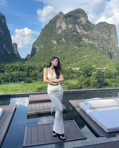 Classical White Bodycon Tie-Back Maxi Dress Chic Cowl Neck Sheath Stylish Shoots Halter Long Dress AP1466