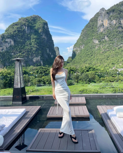 Classical White Bodycon Tie-Back Maxi Dress Chic Cowl Neck Sheath Stylish Shoots Halter Long Dress AP1466