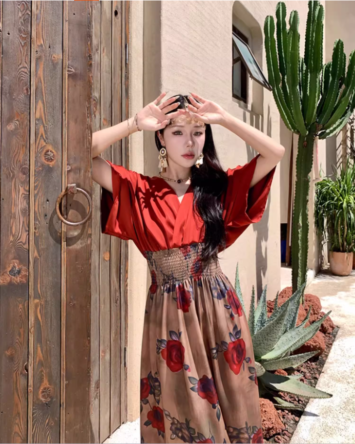 Retro Red Satin Fabric Floral-Printed Maxi Dress Boho Vacays Outfit Flowy Ruched Waist Long Dress AP1467