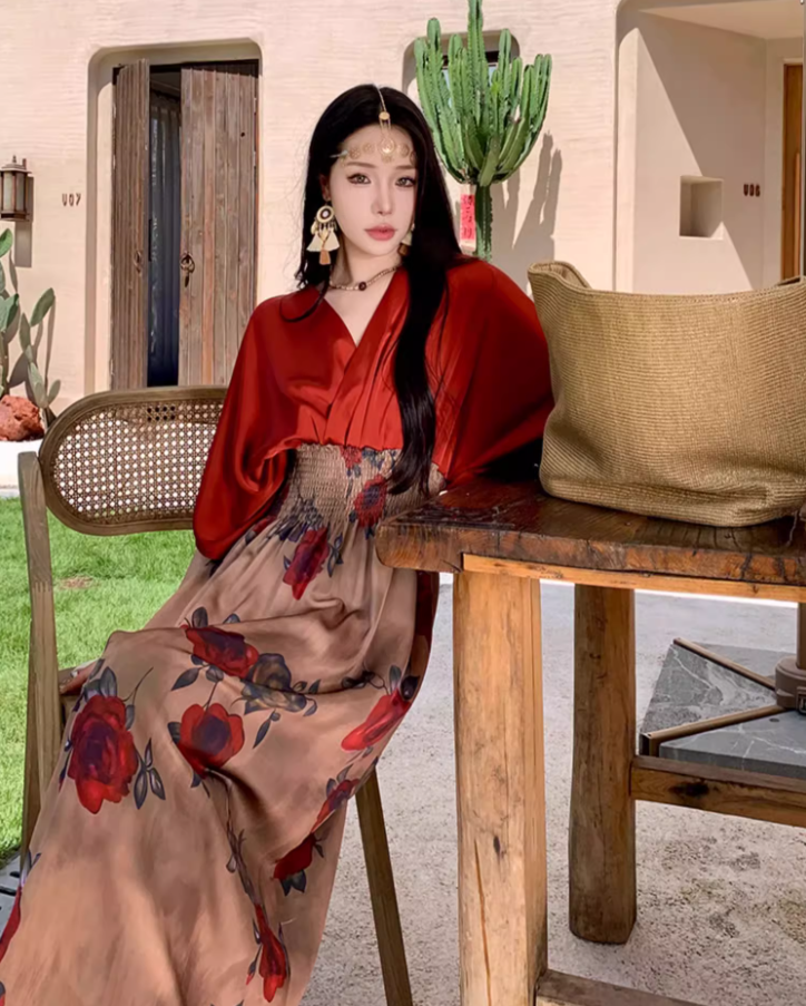 Retro Red Satin Fabric Floral-Printed Maxi Dress Boho Vacays Outfit Flowy Ruched Waist Long Dress AP1467