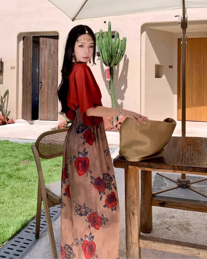 Retro Red Satin Fabric Floral-Printed Maxi Dress Boho Vacays Outfit Flowy Ruched Waist Long Dress AP1467