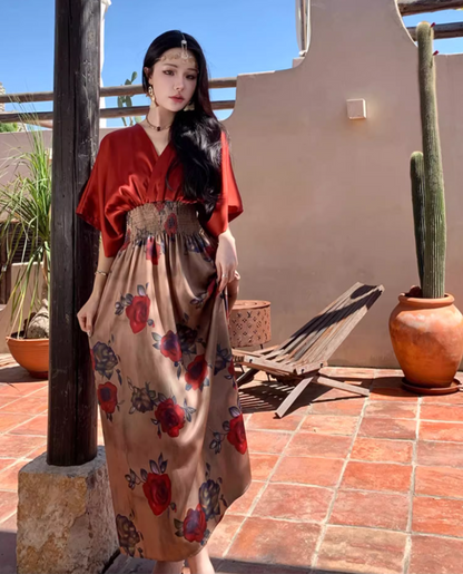 Retro Red Satin Fabric Floral-Printed Maxi Dress Boho Vacays Outfit Flowy Ruched Waist Long Dress AP1467