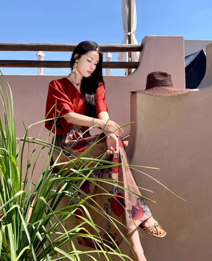 Retro Red Satin Fabric Floral-Printed Maxi Dress Boho Vacays Outfit Flowy Ruched Waist Long Dress AP1467