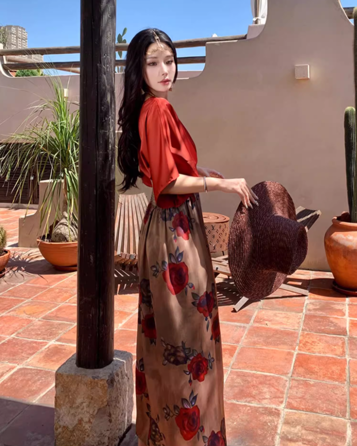Retro Red Satin Fabric Floral-Printed Maxi Dress Boho Vacays Outfit Flowy Ruched Waist Long Dress AP1467