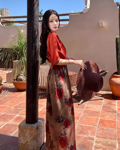 Retro Red Satin Fabric Floral-Printed Maxi Dress Boho Vacays Outfit Flowy Ruched Waist Long Dress AP1467