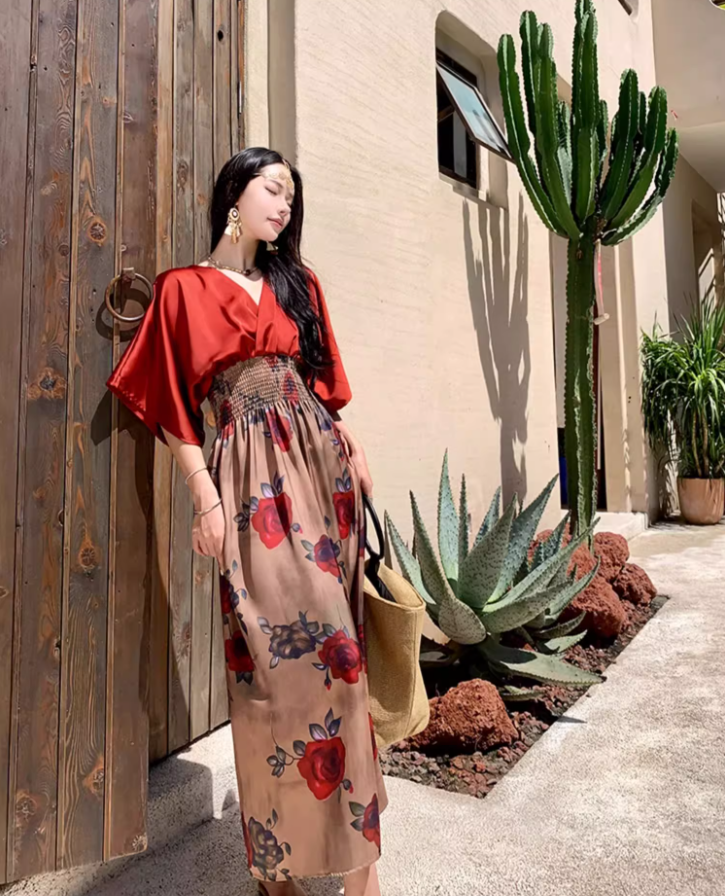 Retro Red Satin Fabric Floral-Printed Maxi Dress Boho Vacays Outfit Flowy Ruched Waist Long Dress AP1467