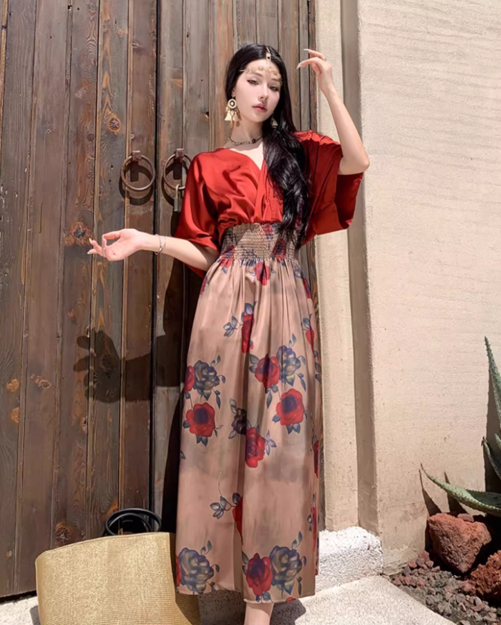 Retro Red Satin Fabric Floral-Printed Maxi Dress Boho Vacays Outfit Flowy Ruched Waist Long Dress AP1467