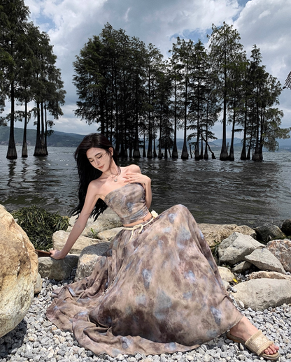 Exquisite High-Waisted Tie-Dye Flowy Maxi Dress Chic Two-Piece Scenic Vacays Bandeau Crop Top Long Dress AP1468