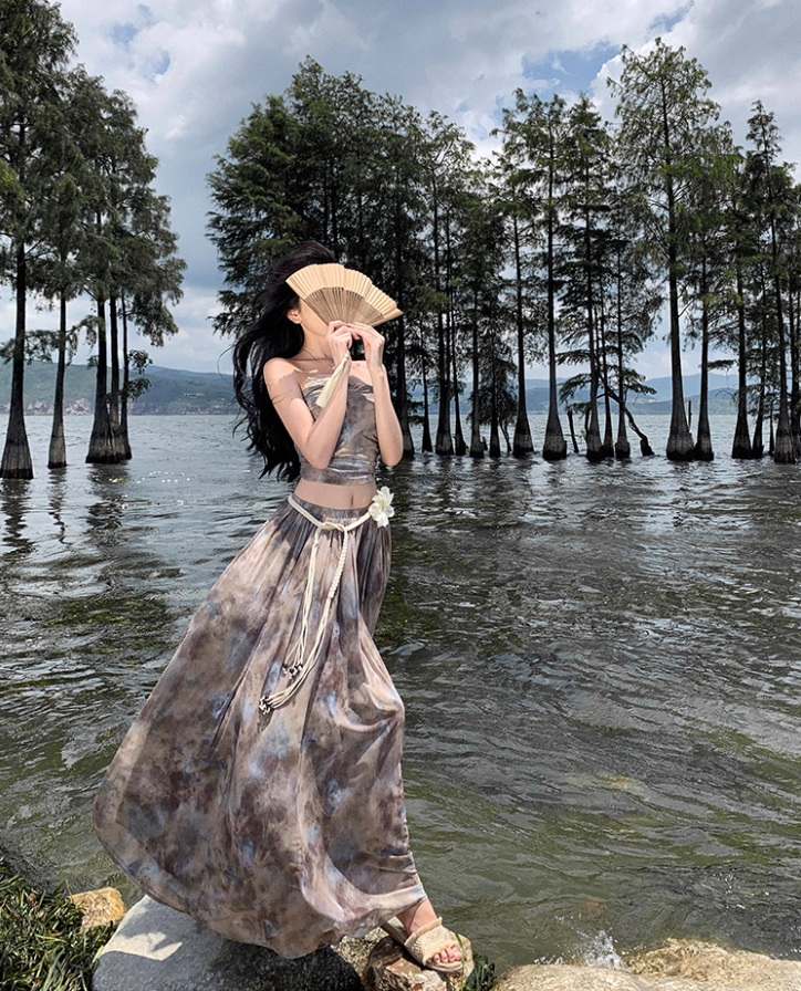 Exquisite High-Waisted Tie-Dye Flowy Maxi Dress Chic Two-Piece Scenic Vacays Bandeau Crop Top Long Dress AP1468