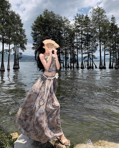 Exquisite High-Waisted Tie-Dye Flowy Maxi Dress Chic Two-Piece Scenic Vacays Bandeau Crop Top Long Dress AP1468