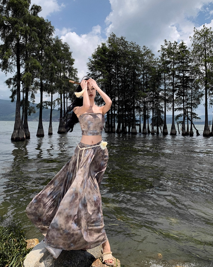 Exquisite High-Waisted Tie-Dye Flowy Maxi Dress Chic Two-Piece Scenic Vacays Bandeau Crop Top Long Dress AP1468