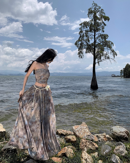 Exquisite High-Waisted Tie-Dye Flowy Maxi Dress Chic Two-Piece Scenic Vacays Bandeau Crop Top Long Dress AP1468
