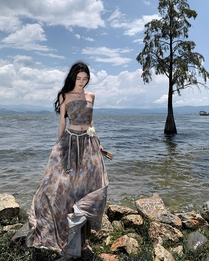 Exquisite High-Waisted Tie-Dye Flowy Maxi Dress Chic Two-Piece Scenic Vacays Bandeau Crop Top Long Dress AP1468