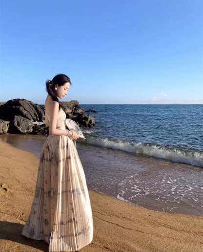 Gorgeous Pressed Pleat Hem Flowy Maxi Dress Retro Scenic Vacays Soft Fabric Cinched-Waist Long Dress AP1469